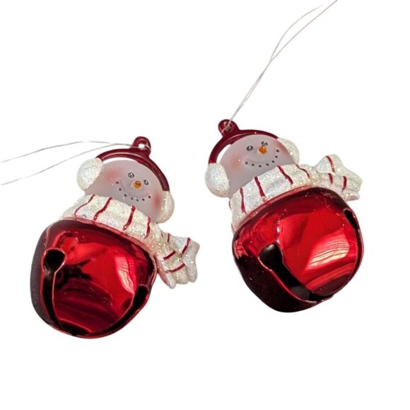 vintage Jingle Buddies Snowman Bell Ornaments Set Of 2 Red Glitter Holiday Fun - Picture 1 of 4